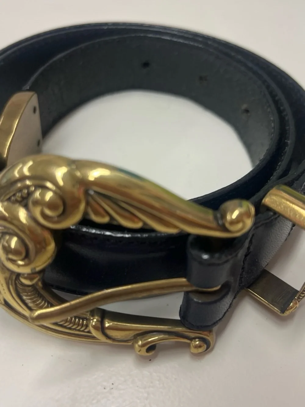 Talbots Black Leather Belt with Decorative Gold Buckle